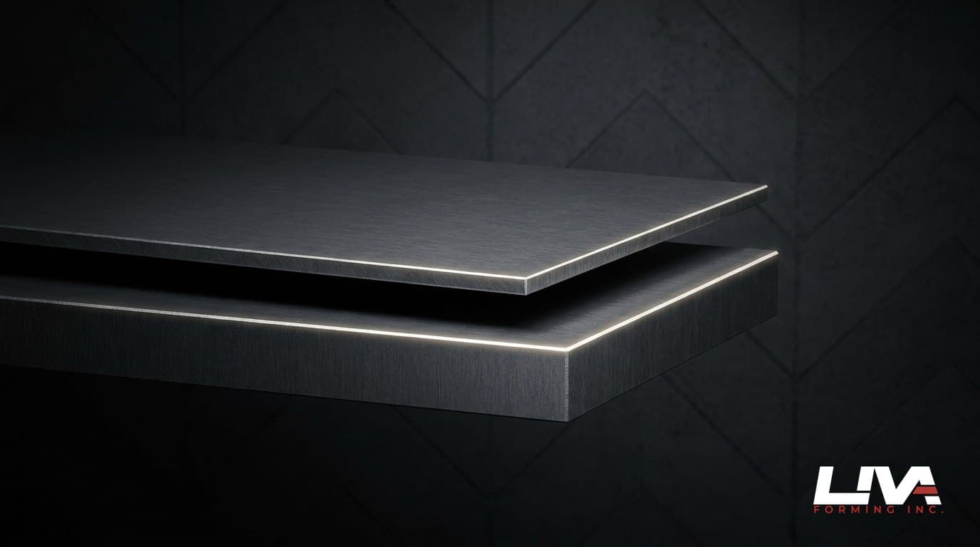Two matte dark metal sheets of different thickness stacked at an angle showing their cut edges