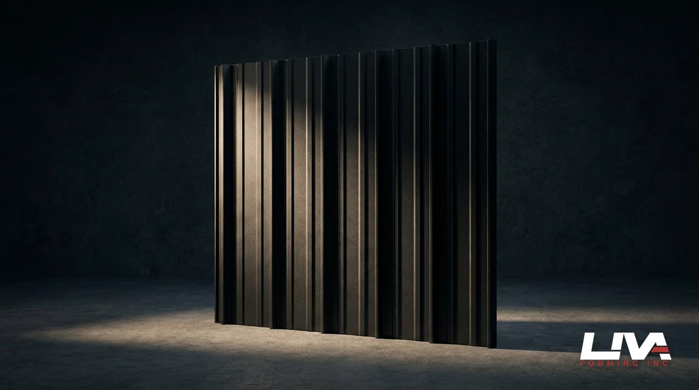 Vertical board-and-batten metal siding panels with raised battens in raking light