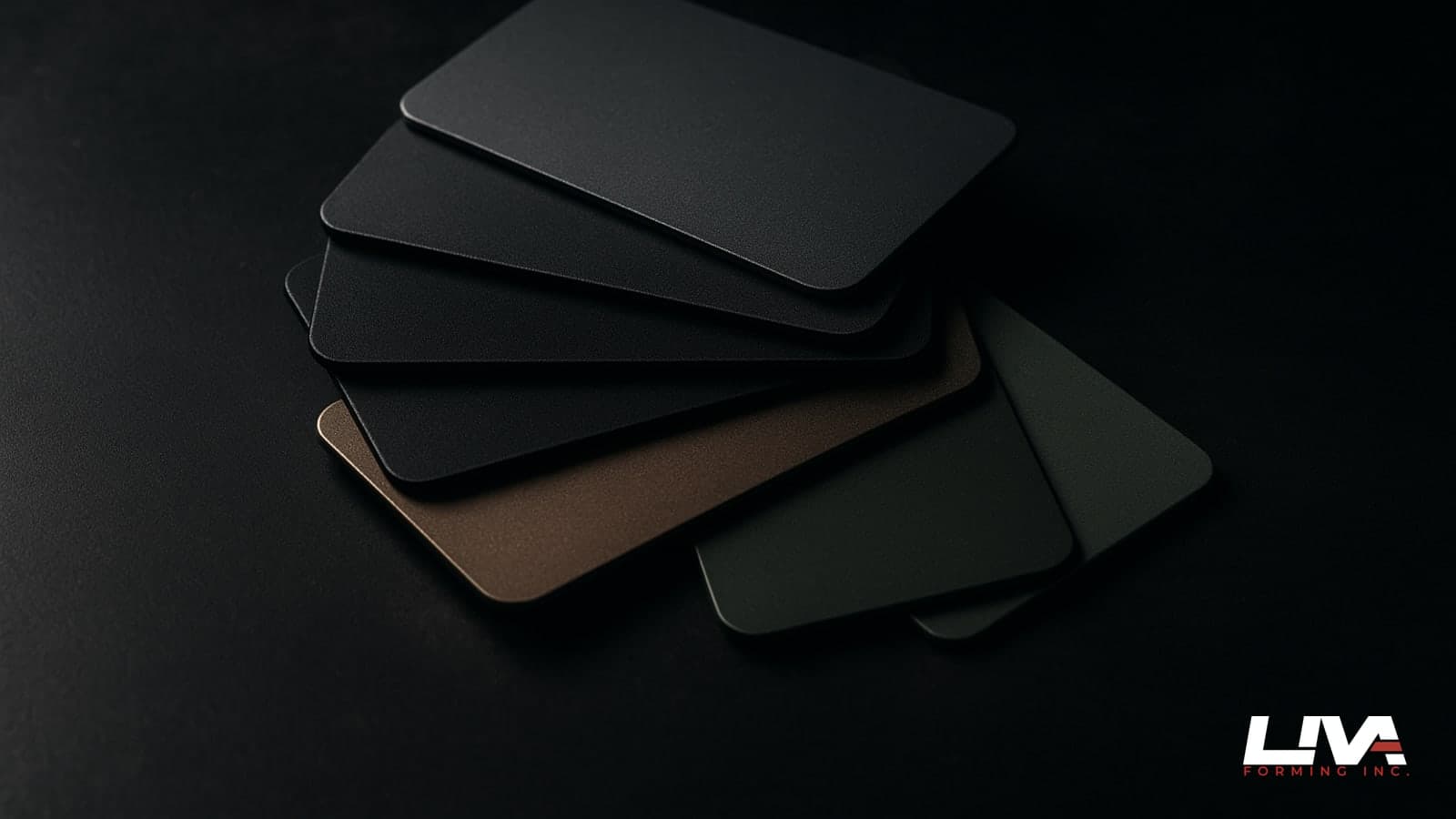 Fanned matte metal colour swatches in grey, black, bronze and green under dramatic side lighting