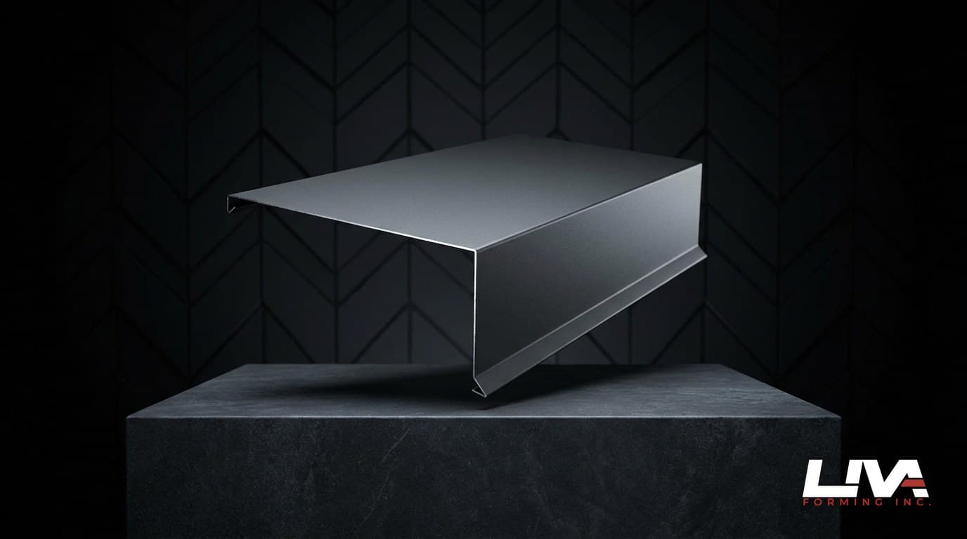 A single clean folded matte graphite drip-edge flashing profile on a dark plinth