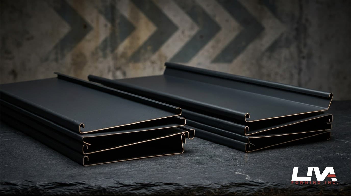 Folded matte dark steel drip edge flashing profiles stacked on a dark stone surface