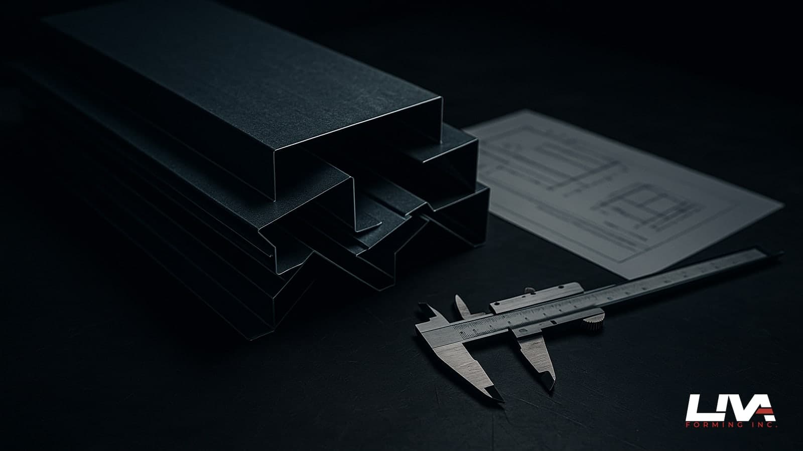 Folded metal flashing profiles stacked on a workbench with a caliper and spec sheet