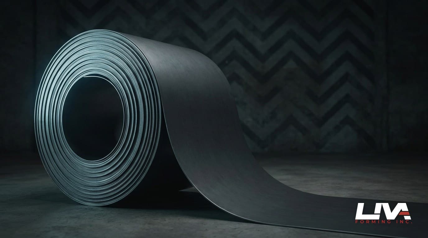 A partly unrolled coil of prefinished dark steel sheet metal catching rim light