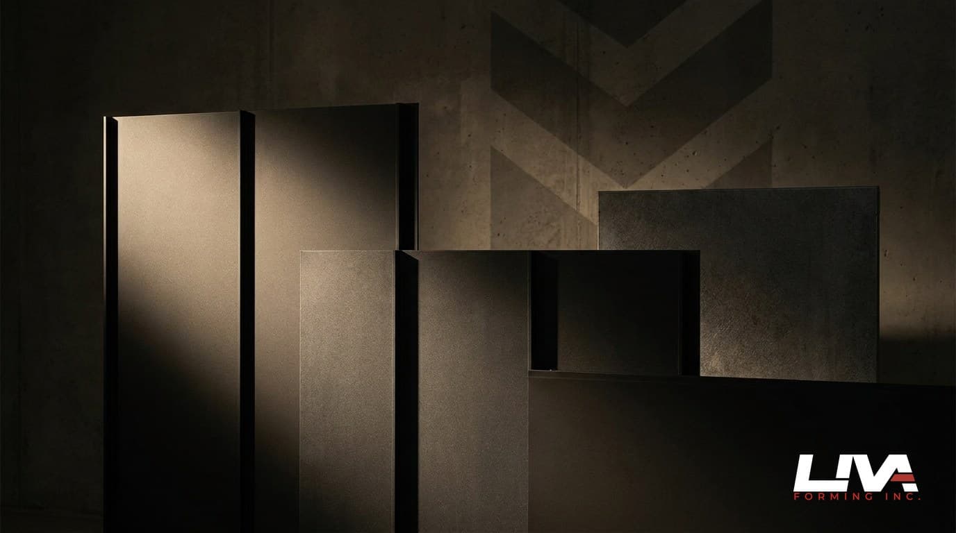 Matte graphite formed metal cladding panels with reveal shadow gaps under studio light