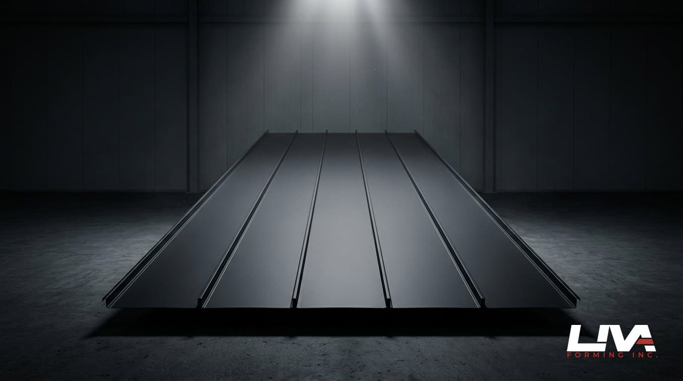 A standing seam metal roof panel with tall vertical ribs shot from a low angle