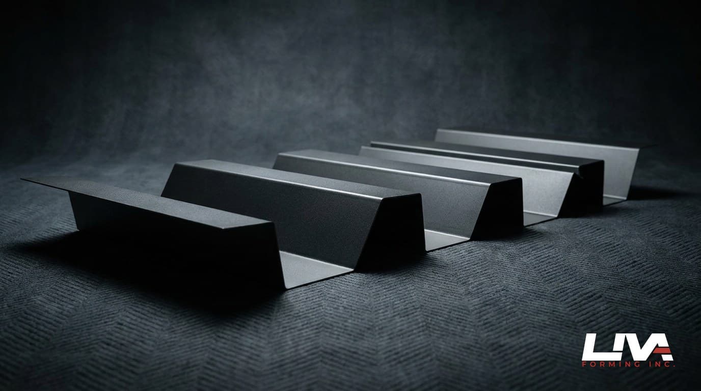 Folded matte graphite step-flashing metal pieces staggered on a dark surface