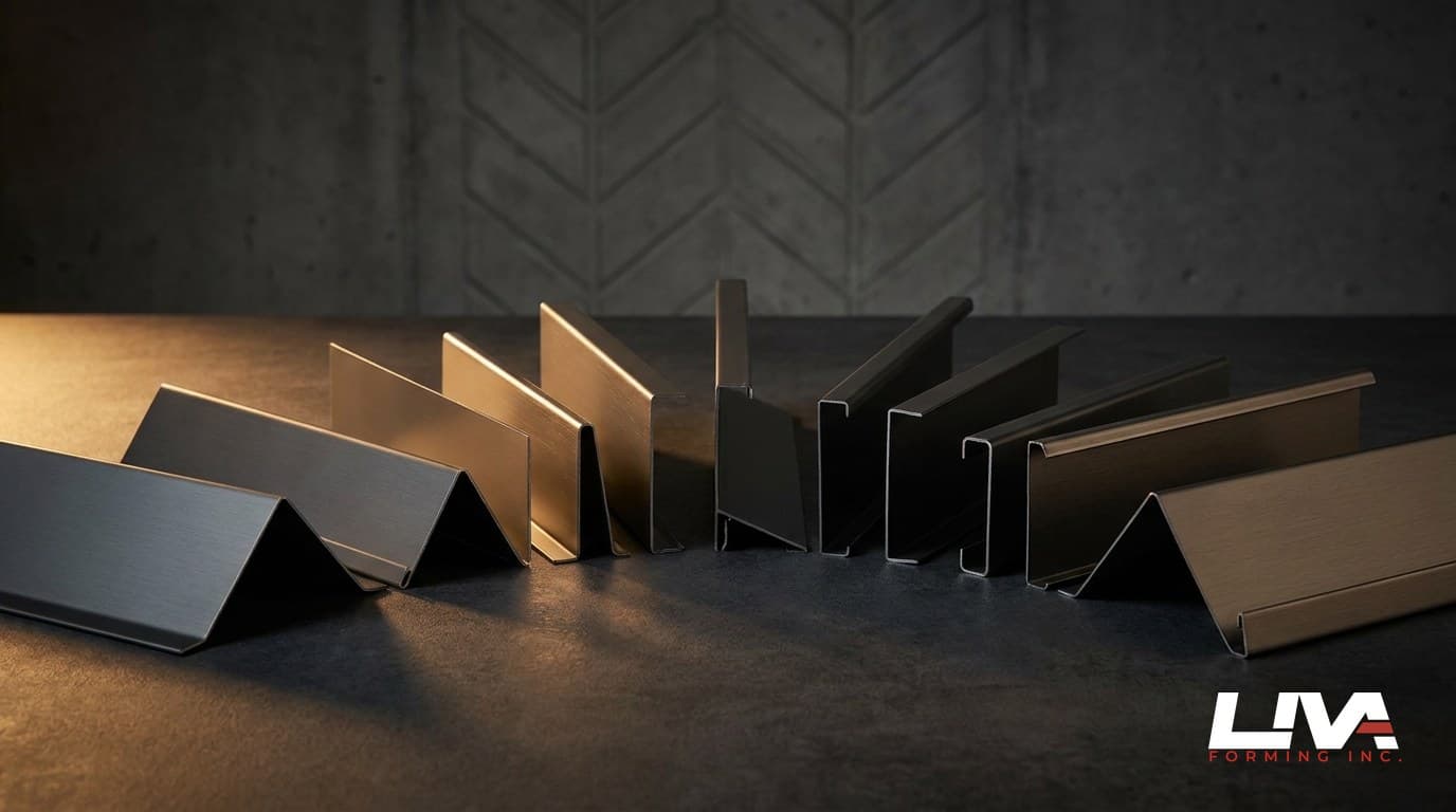 An assortment of folded dark metal flashing profiles fanned out under side light