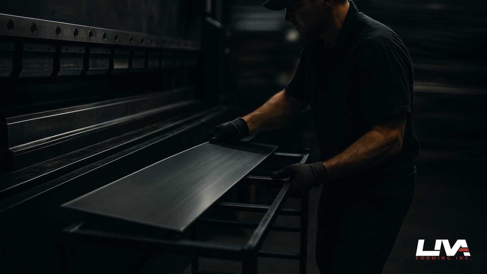 Press brake operator sliding a freshly bent flashing onto a shop staging rack