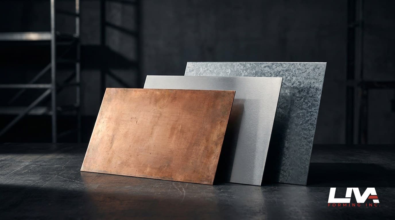 Overlapping galvanized, aluminium and warm copper metal sheets under studio light
