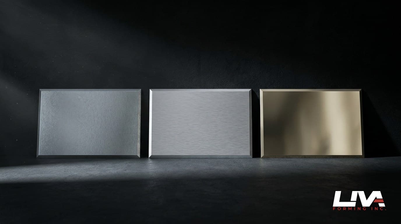Three metal sample sheets side by side: galvalume, brushed aluminium and stainless