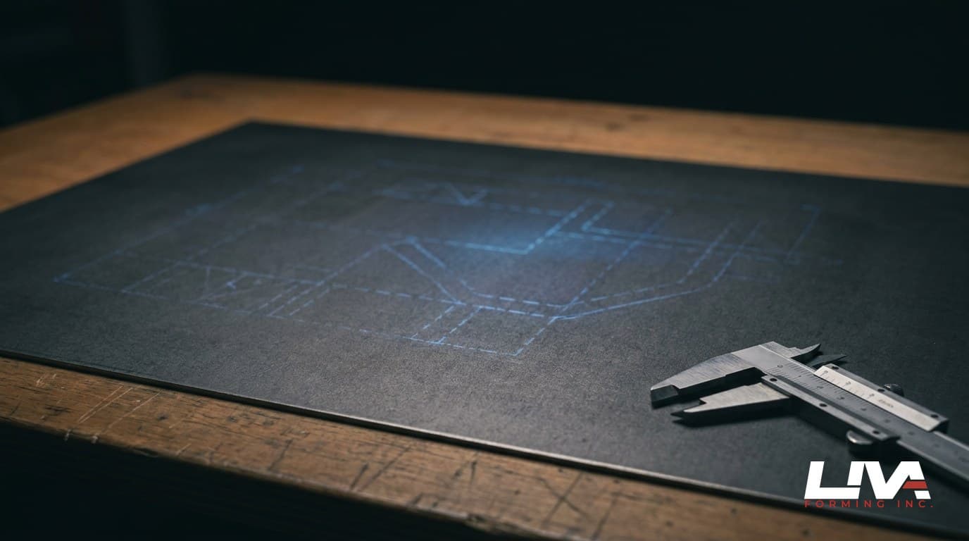 A dark metal sheet on a drafting table with faint blueprint bend lines and calipers