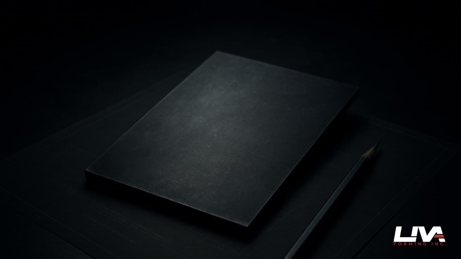 Dark metal sheet on a drafting table beside a faint spec sheet and pencil under moody top light