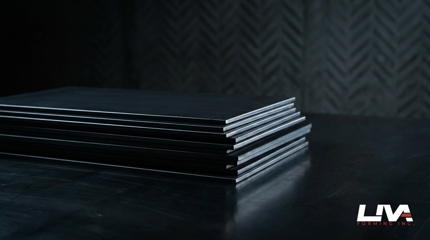 A stack of freshly cut dark steel sheet-metal blanks under studio rim light