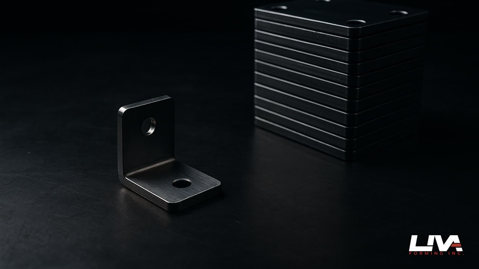 Single custom metal bracket on dark steel table beside a stack of matching parts