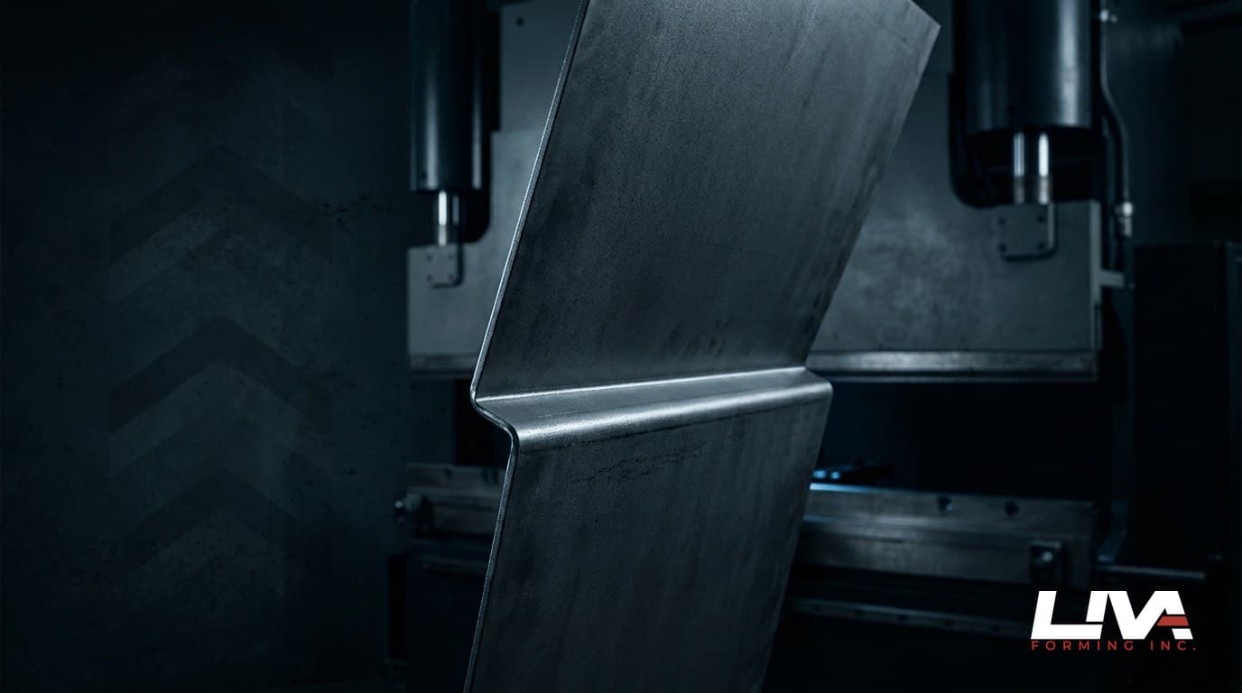 A dark metal sheet bent into a sharp V fold as on a press brake