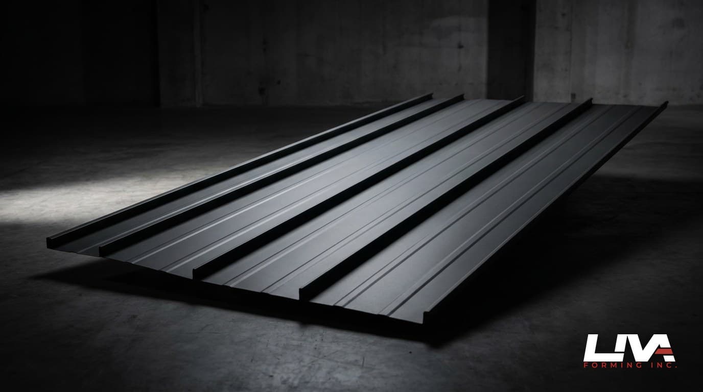Standing seam metal roof panel ribs lit dramatically against a dark background