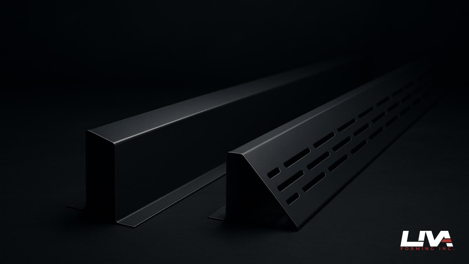 Matte dark fascia and vented soffit trim profiles with crisp folds catching rim light