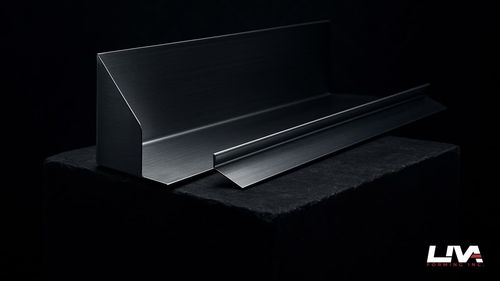 Stainless through-wall flashing with folded end dam beside a reglet counterflashing strip on stone